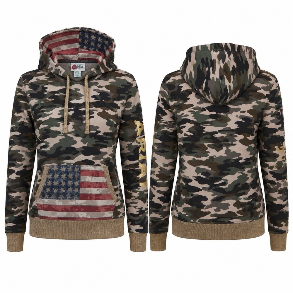 Ariat Rodeo Quincy Hoodie Women’s XL Wild West USA Camo Flag Pullover NWT